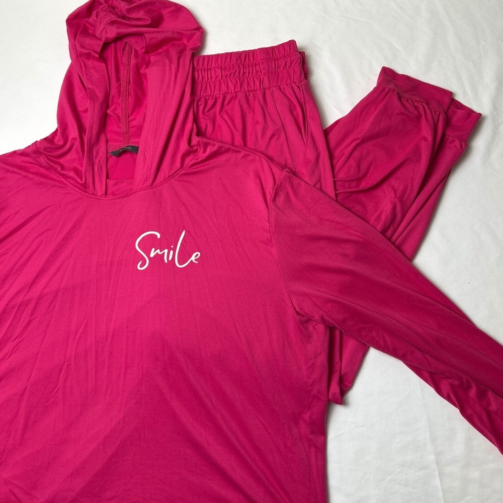AnyBody Womens Smile Graphic Hoodie and Jogger Lounge Set Size L Pink Comfy